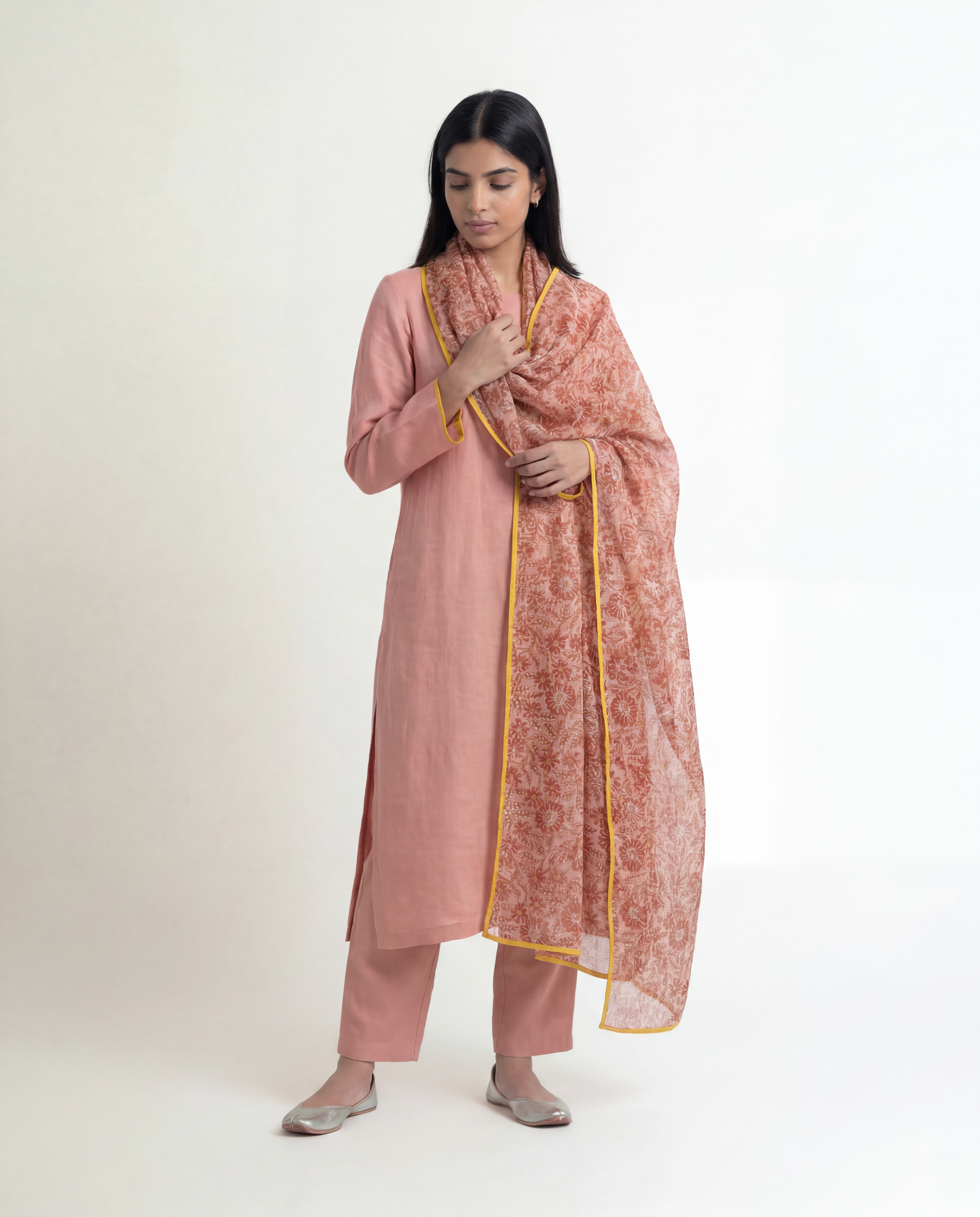 Salmon Linen Kurta Set - Pink