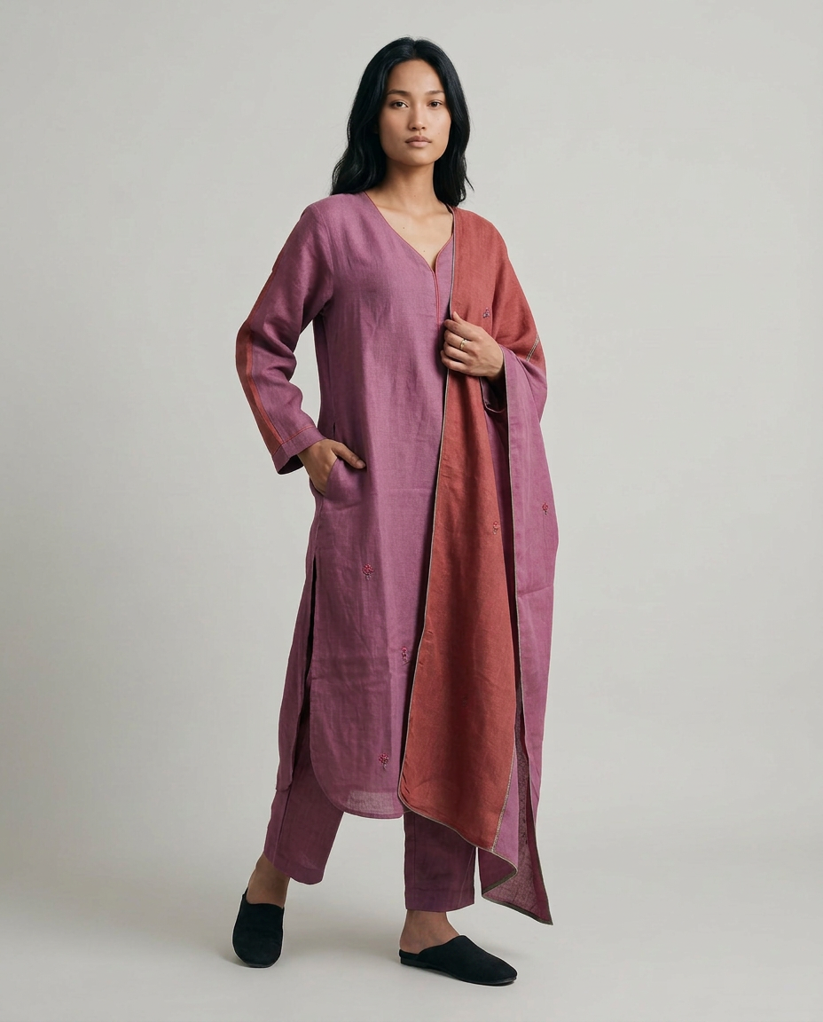 Berry Linen Kurta Set - Plum Purple