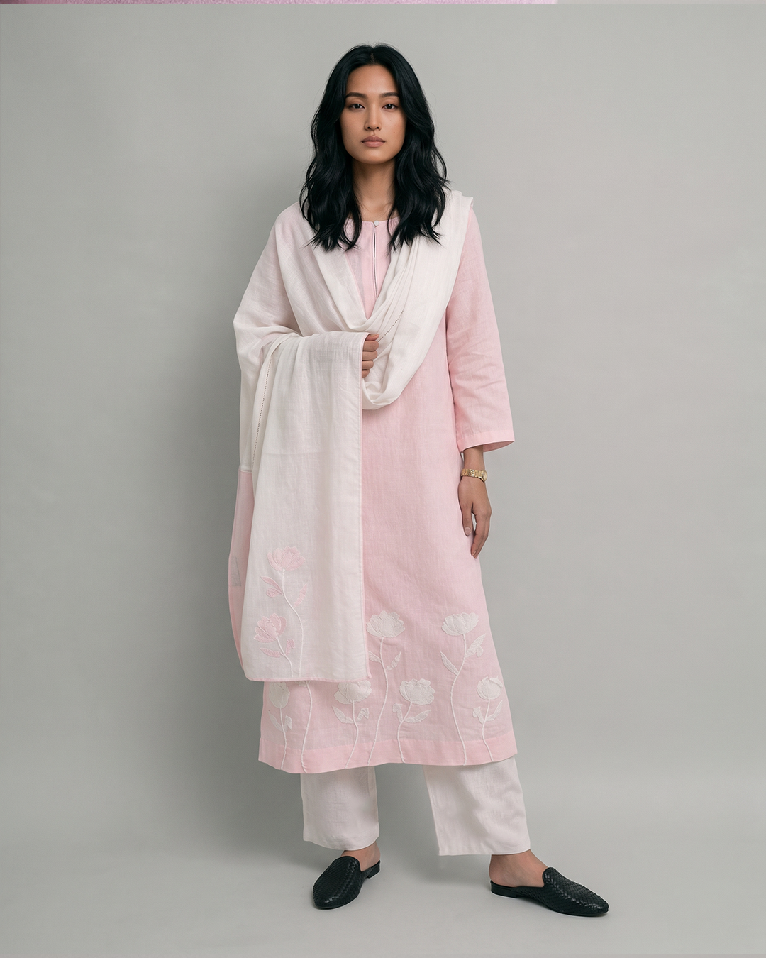 Blossom Linen Kurta Set - Baby Pink
