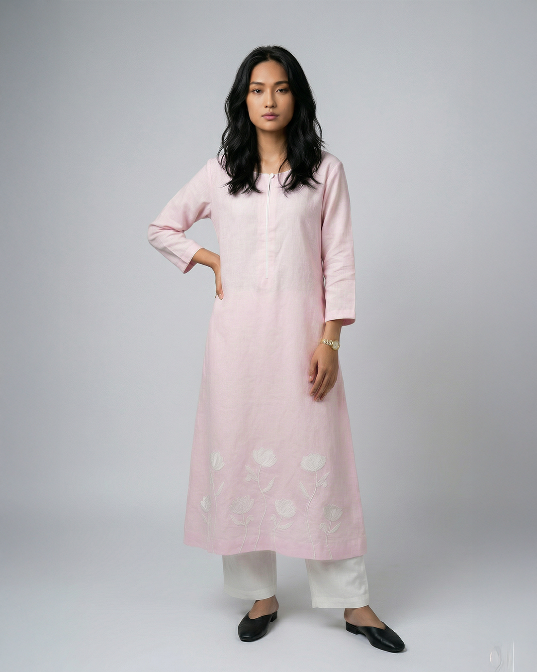 Blossom Linen Kurta Set - Baby Pink